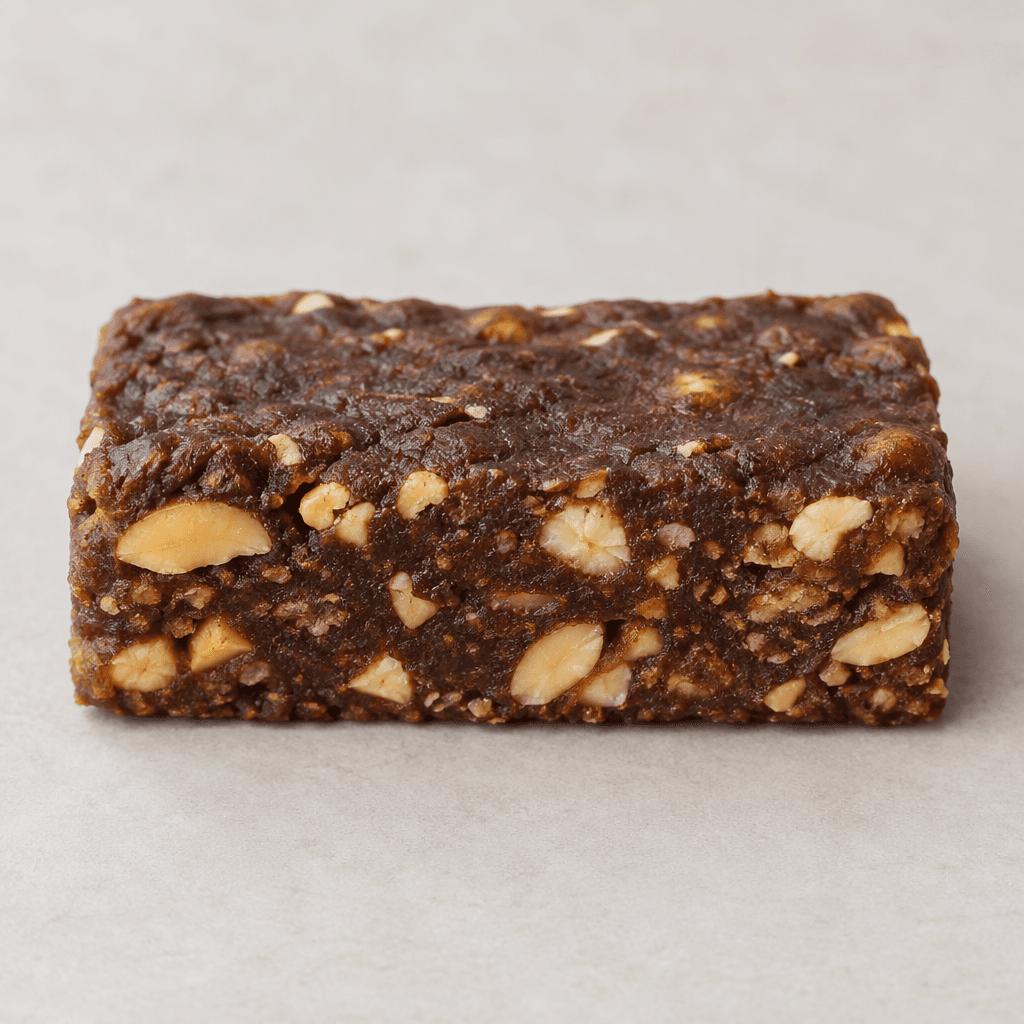 A compact rectangular dark-brown bar with a slightly uneven, dense surface and visible pale peanut pieces embedded throughout.