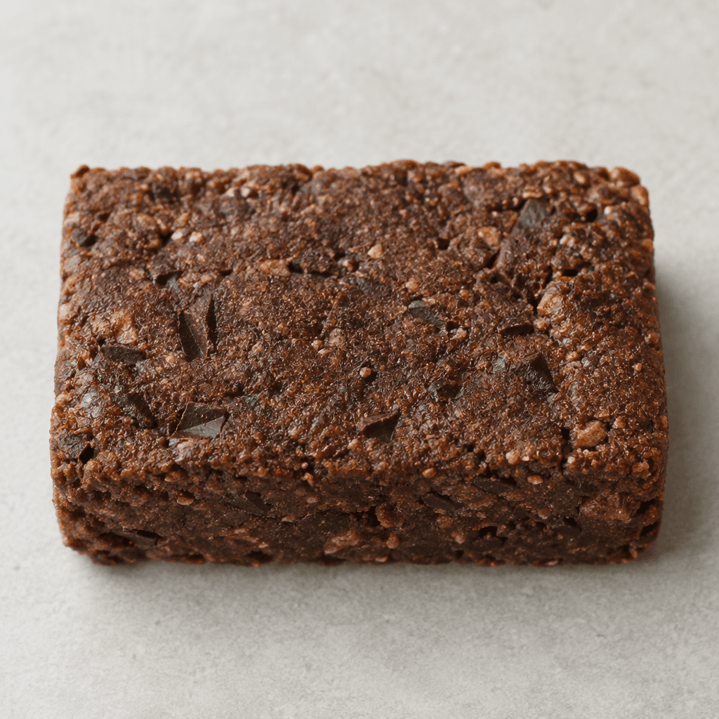 A compact rectangular cocoa-brown bar with a dense, slightly rough surface and small dark chocolate pieces visible throughout.