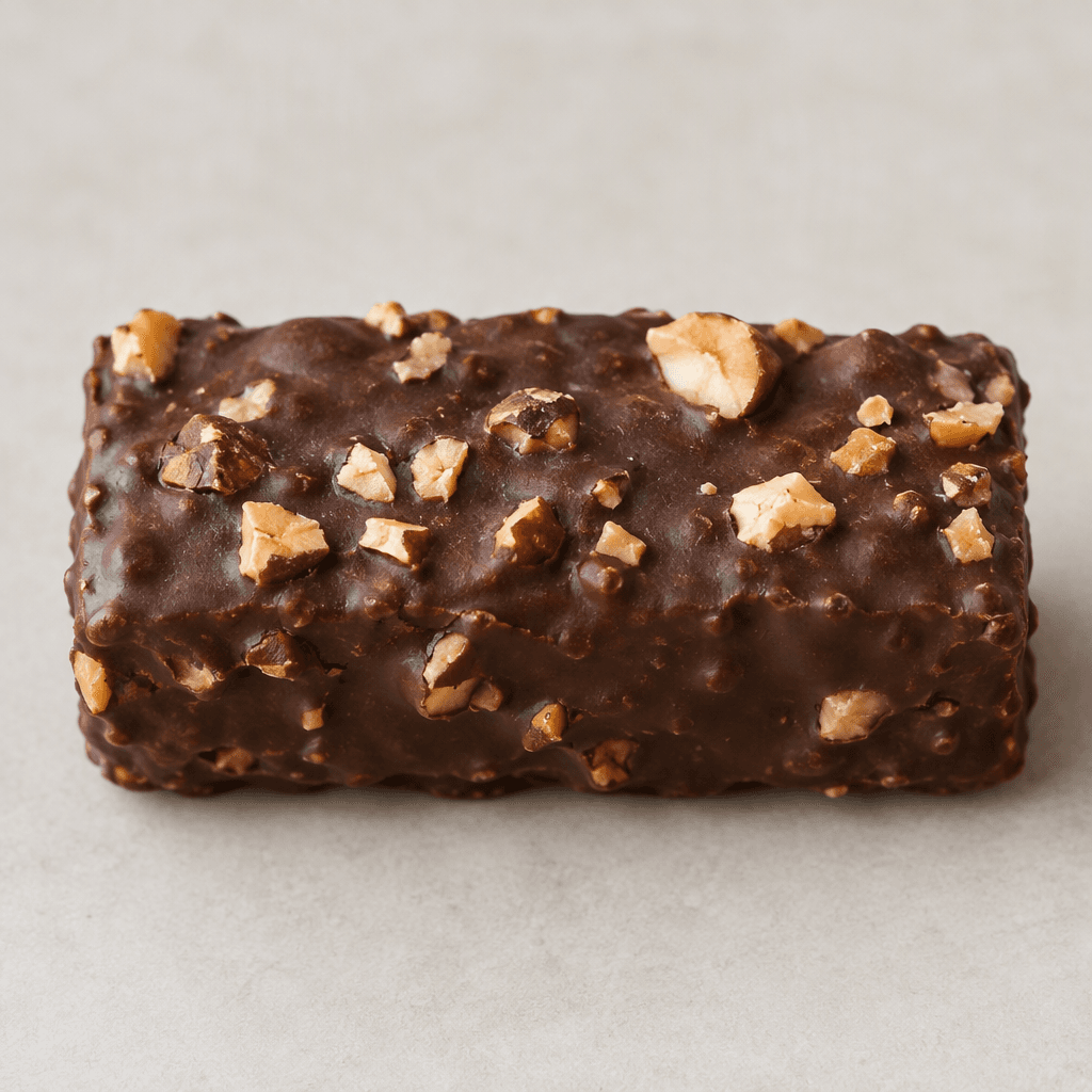 A compact rectangular bar with a dark chocolate-brown coating, a slightly uneven surface, and scattered hazelnut pieces visible on top.