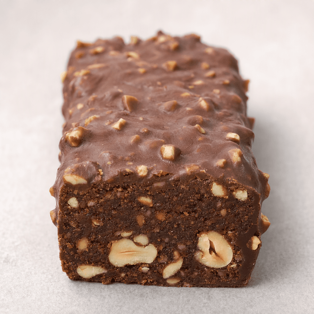 A compact rectangular bar with a dark brown coating, a slightly uneven surface, and small hazelnut pieces visible on top and along the cut edge.