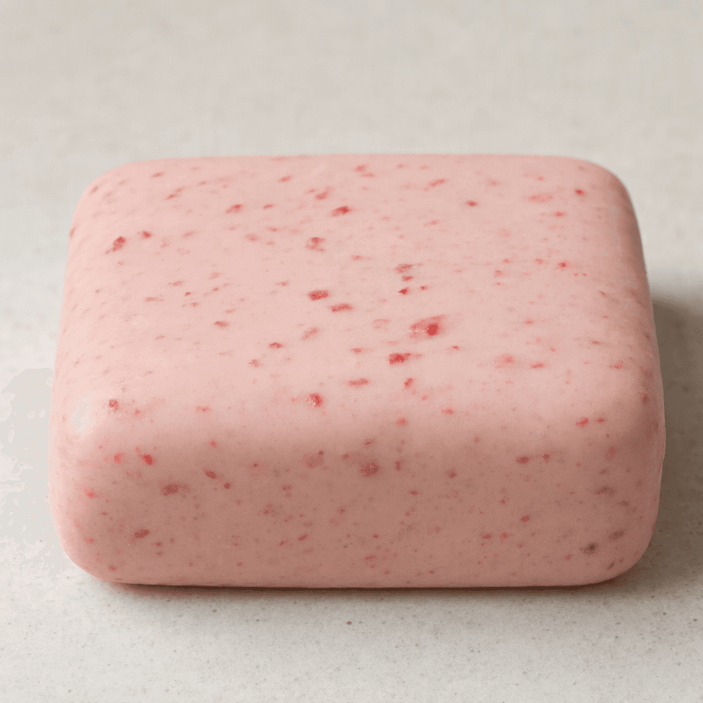 A compact rectangular bar with softly rounded edges, a pale pink coating, and small darker pink flecks visible across its surface.