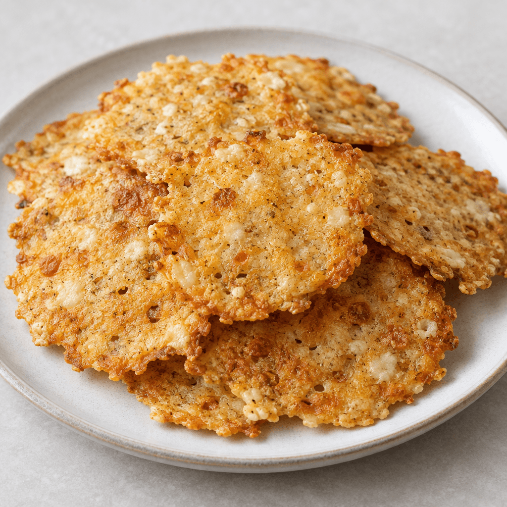 Small, thin, golden-brown crackers with irregular crisp edges and scattered pale and darker cheese flecks sit overlapping on a plate.