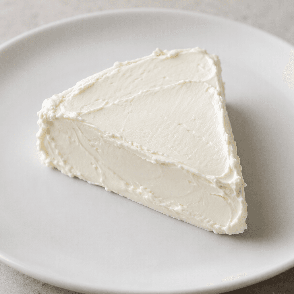 A small triangular portion of bright white cream cheese with softly rounded edges and a smooth, spreadable surface, served on a plain plate.