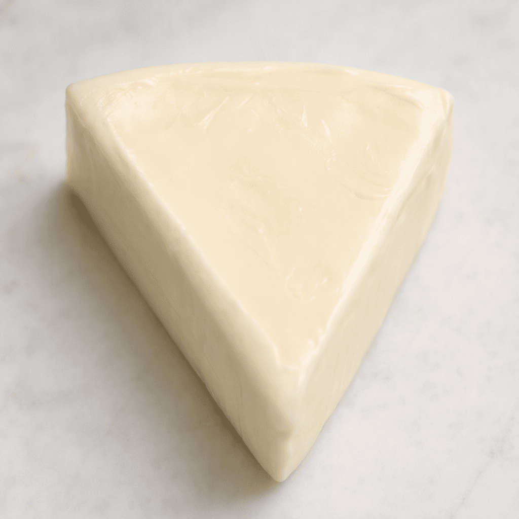 A small triangular portion of cheese with a smooth, creamy, pale ivory surface and softly rounded edges.
