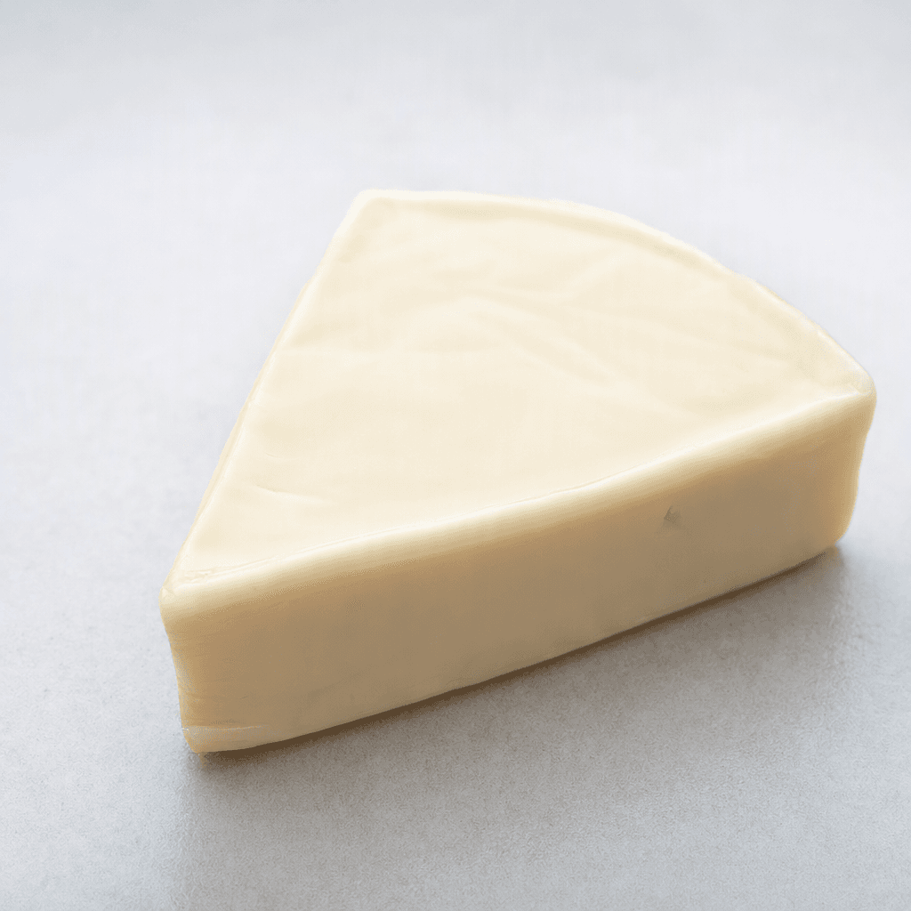 A small, smooth, pale ivory-yellow cheese wedge with a rounded curved edge and a pointed tip, sitting on a plain surface.