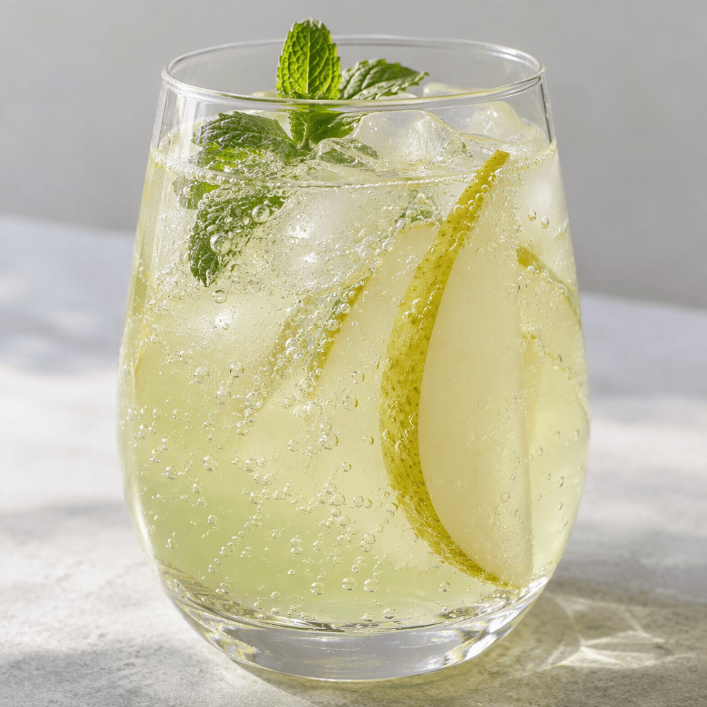 A clear, pale yellow-green pear soda with fine rising bubbles is served in a transparent glass.