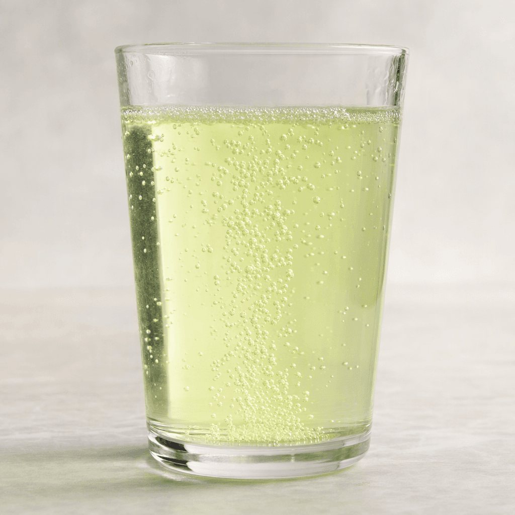 A clear glass filled with pale straw-green sparkling liquid, with fine bubbles rising through it.