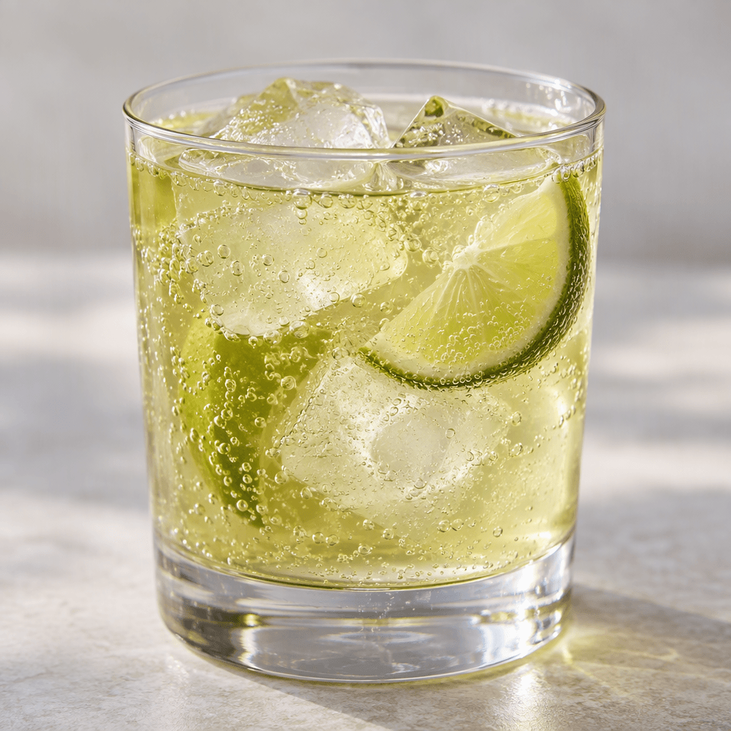A translucent pale golden-green fizzy drink with fine bubbles, served in a clear glass over ice.