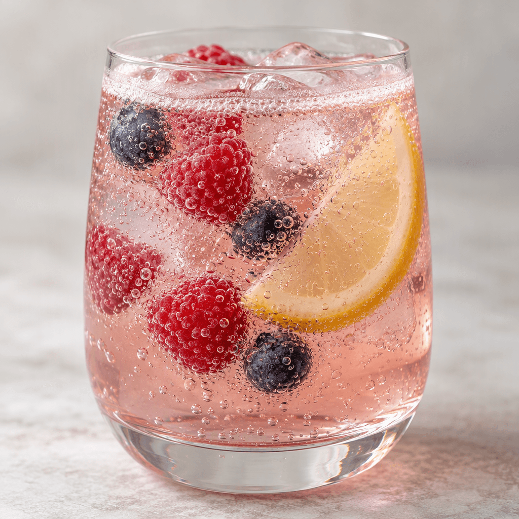 A clear, lightly tinted fruit soda sits in a transparent glass, with fine bubbles rising through the liquid and a thin fizzy layer at the surface.