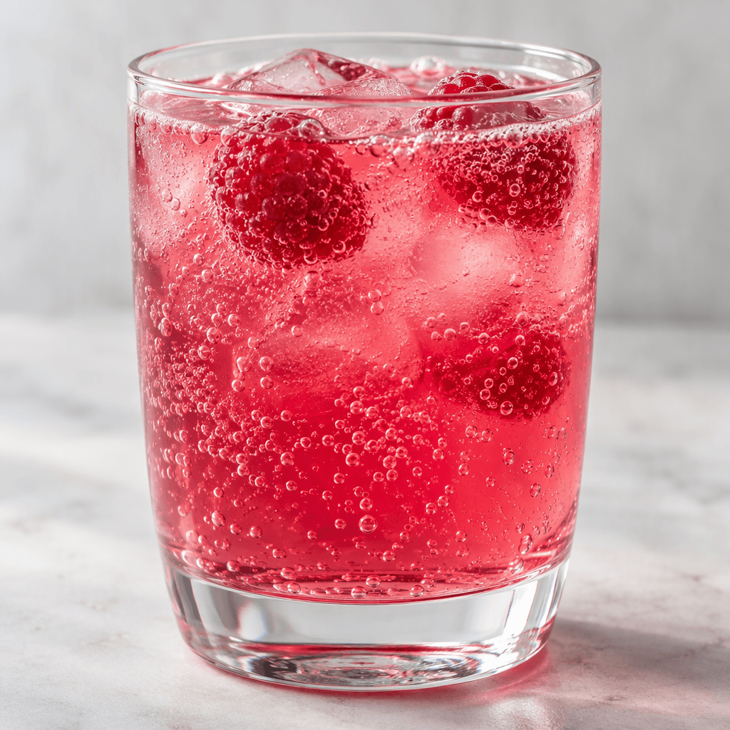 A clear glass filled with vivid raspberry-pink fizzy soda, with fine bubbles rising through the translucent drink.