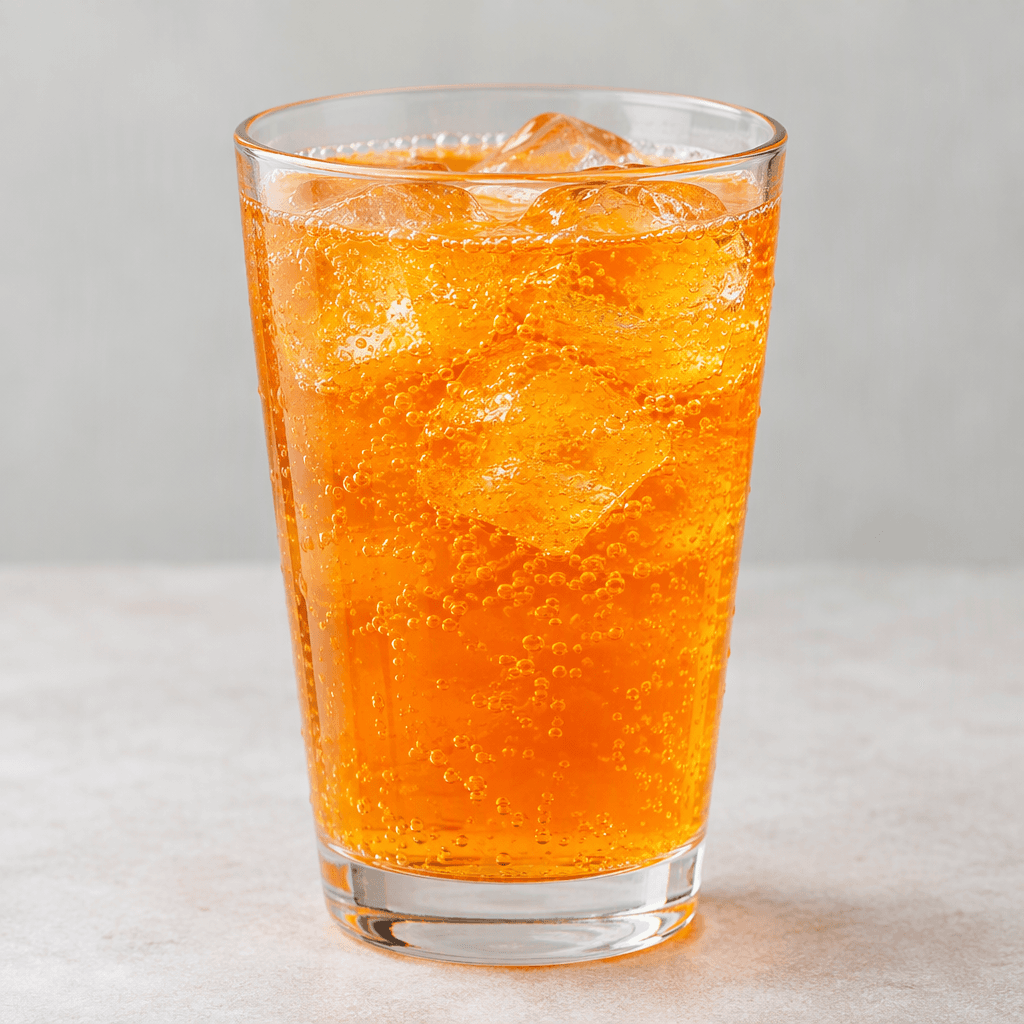 A clear, vivid orange carbonated drink with fine bubbles, served in a transparent glass.