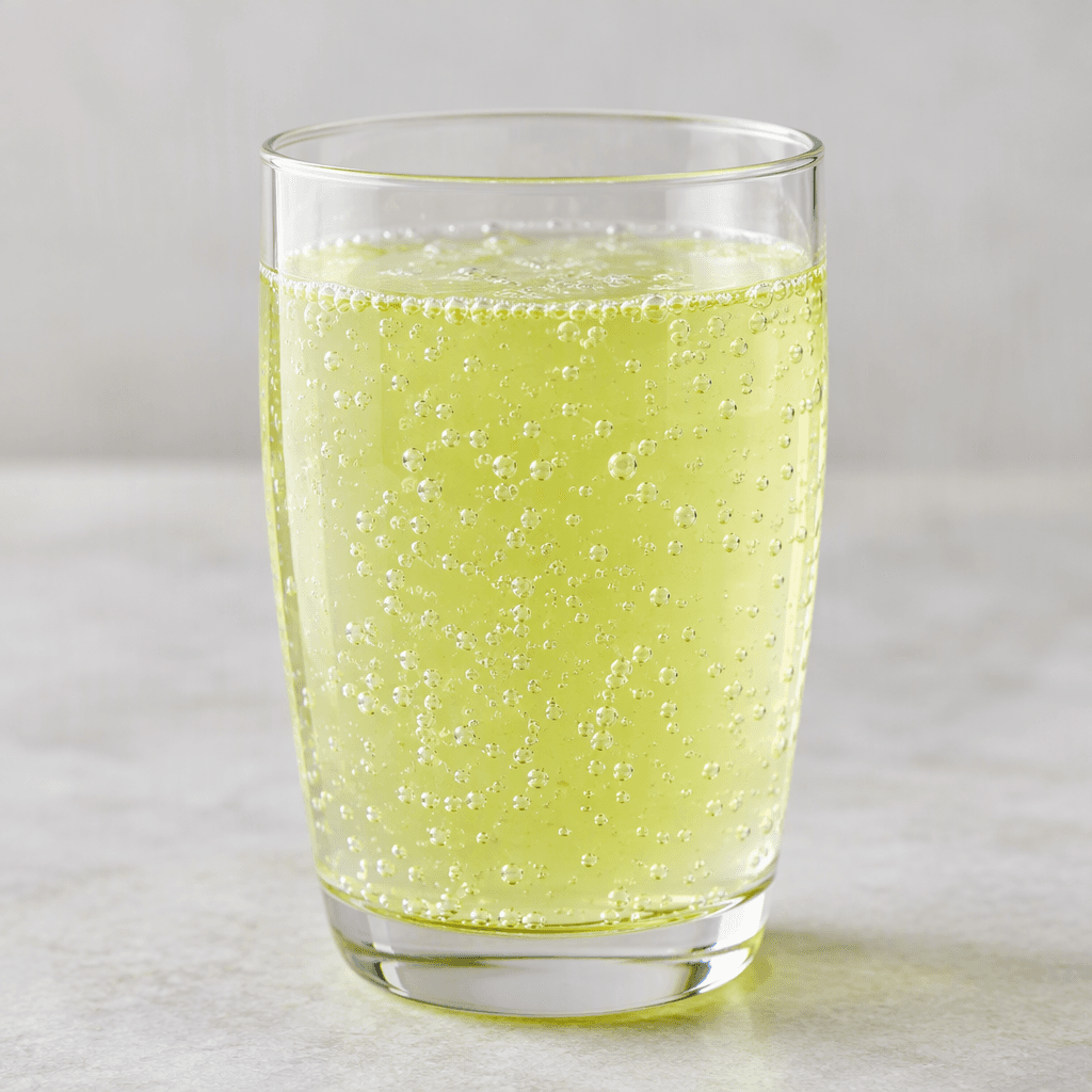 A clear glass holds a translucent, pale yellow-green fizzy drink with tiny bubbles rising through it.