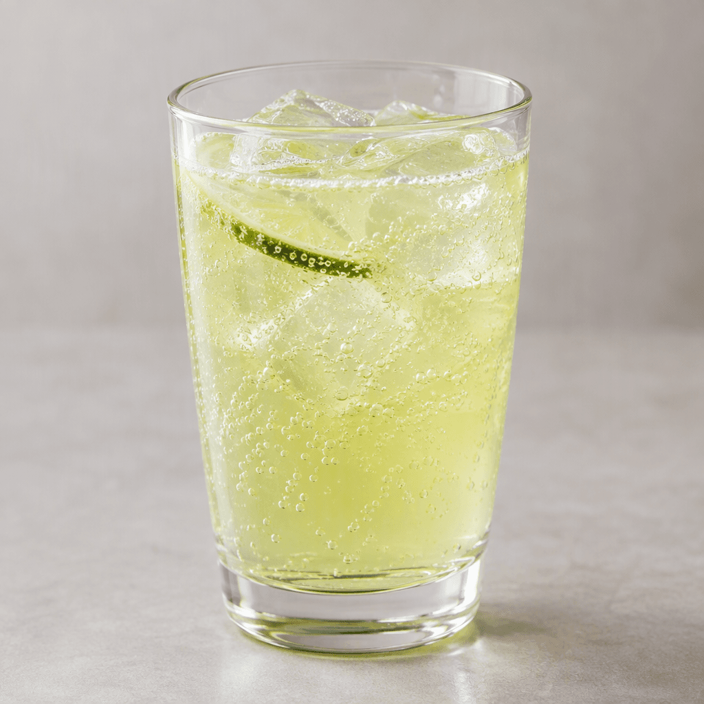 A pale, translucent yellow-green fizzy drink with fine bubbles, served in a clear glass.