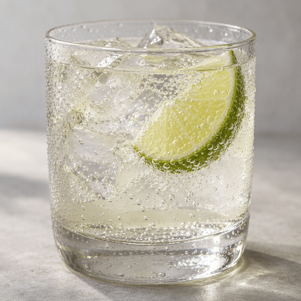 A clear, lightly tinted fizzy drink with fine bubbles rising through it, served chilled in a glass with condensation on the outside.