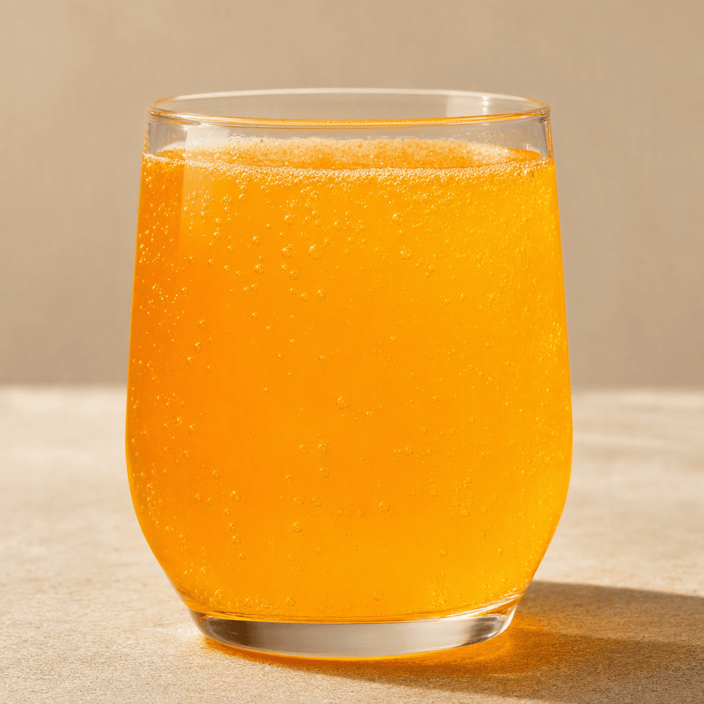 A clear glass filled with bright orange, lightly sparkling mandarin-colored drink, with fine bubbles rising through the liquid.