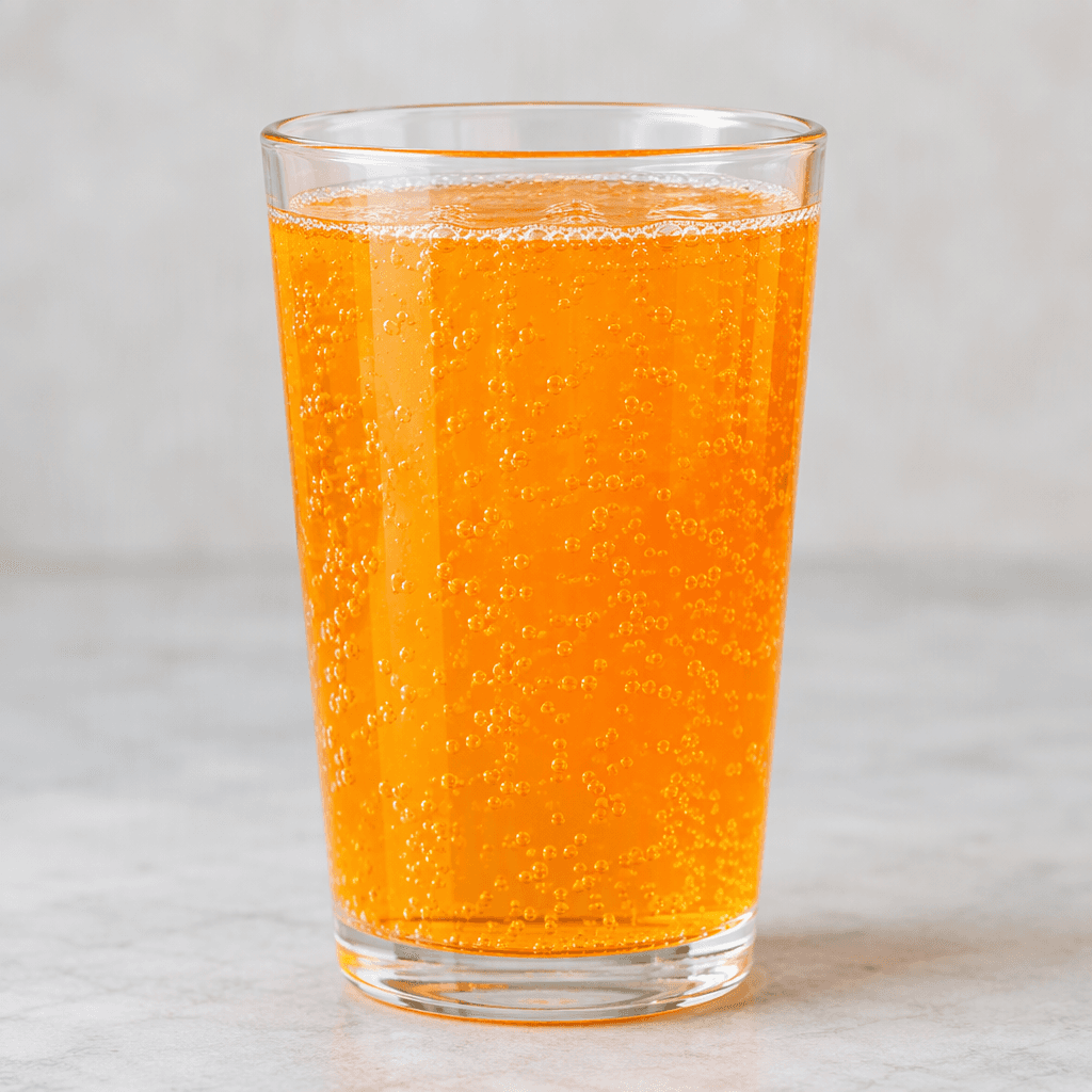 A clear glass filled with bright orange, translucent fizzy drink, with fine bubbles rising through the liquid.
