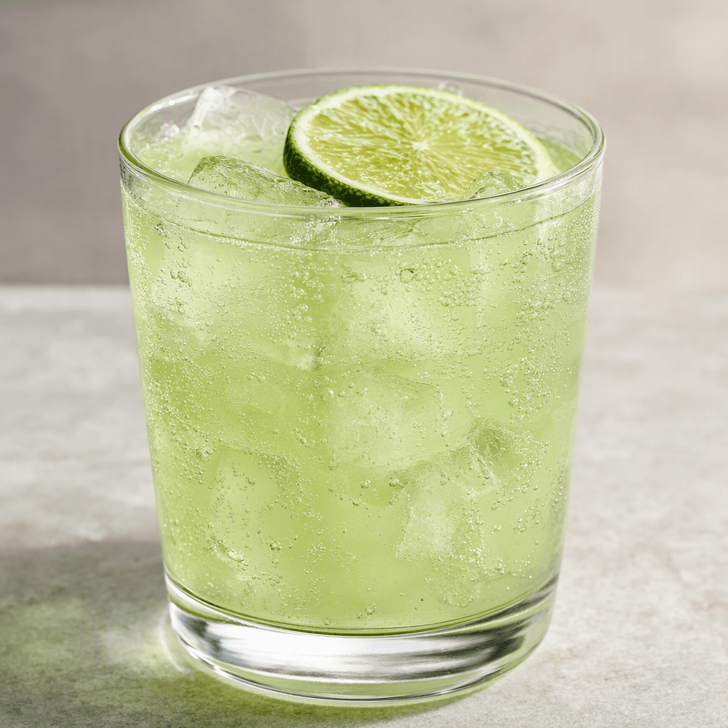 A clear, pale-green, lightly sparkling drink with tiny bubbles, served in a transparent glass.