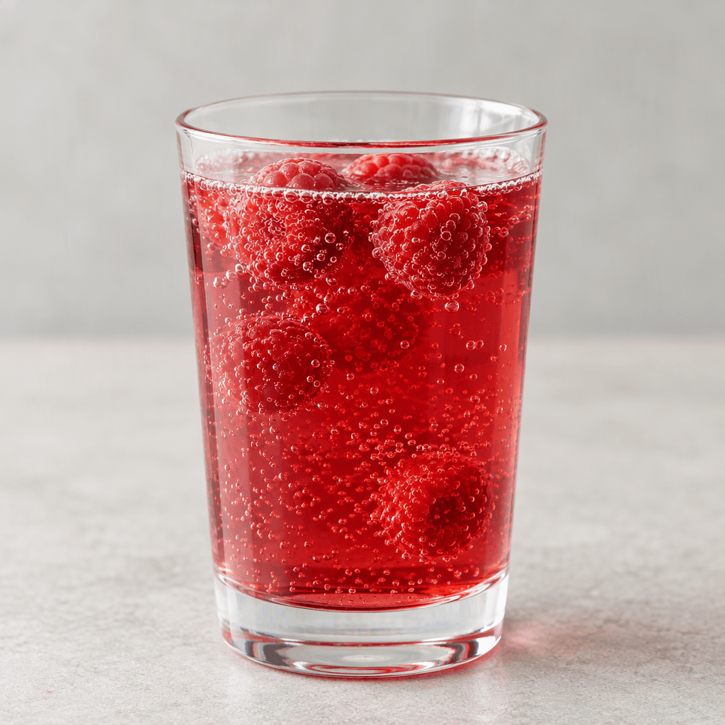A clear glass holds a translucent raspberry-red fizzy drink, with fine bubbles rising through the liquid.