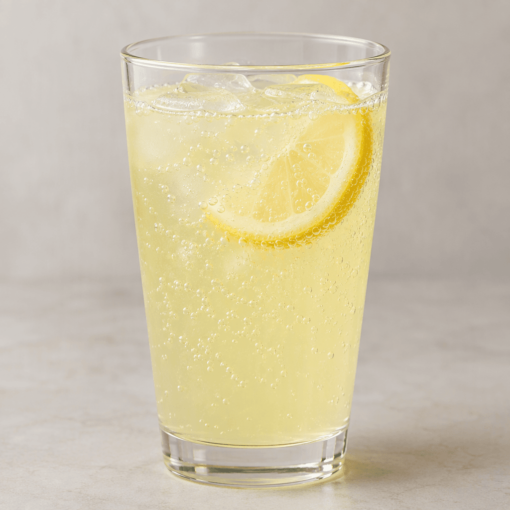 A pale-yellow, slightly cloudy carbonated lemonade in a clear glass, with fine bubbles rising through the drink.