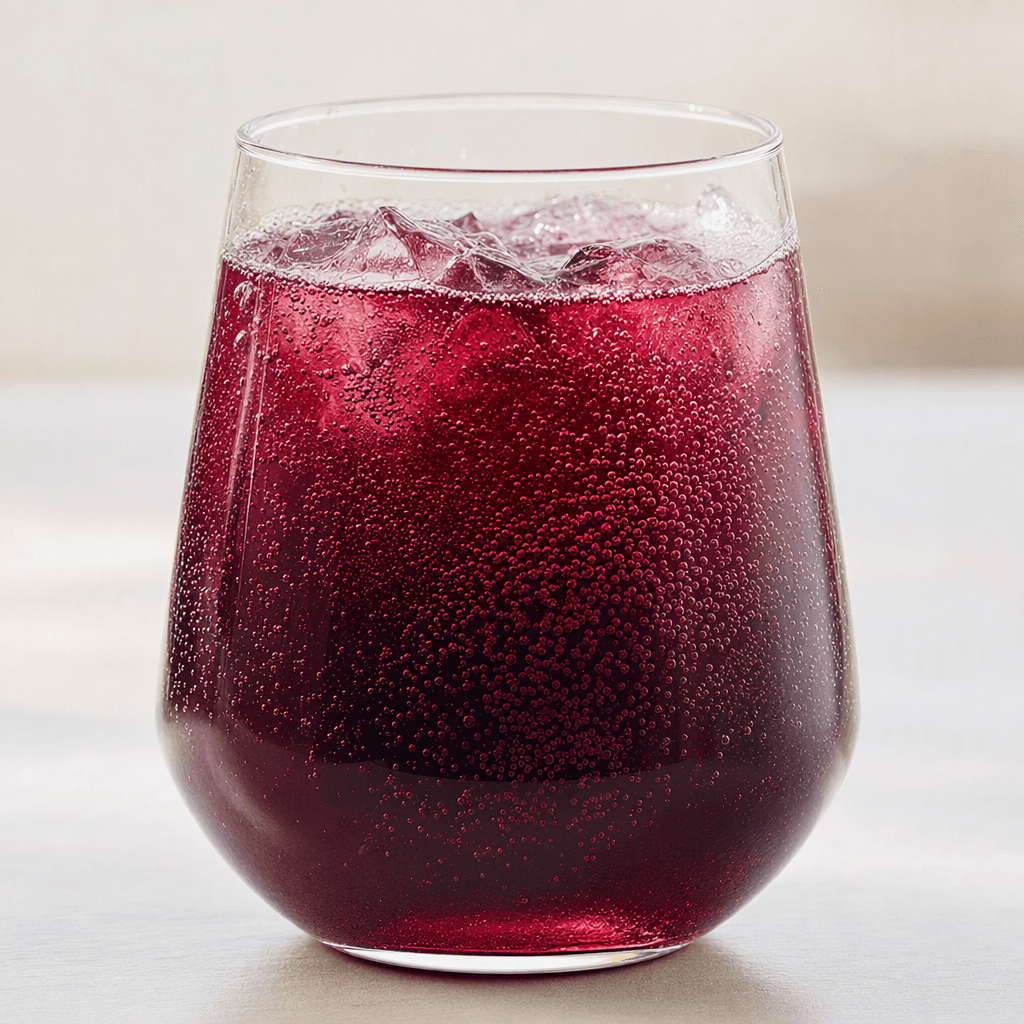 A translucent, deep berry-purple carbonated drink with fine bubbles, served in a clear glass.