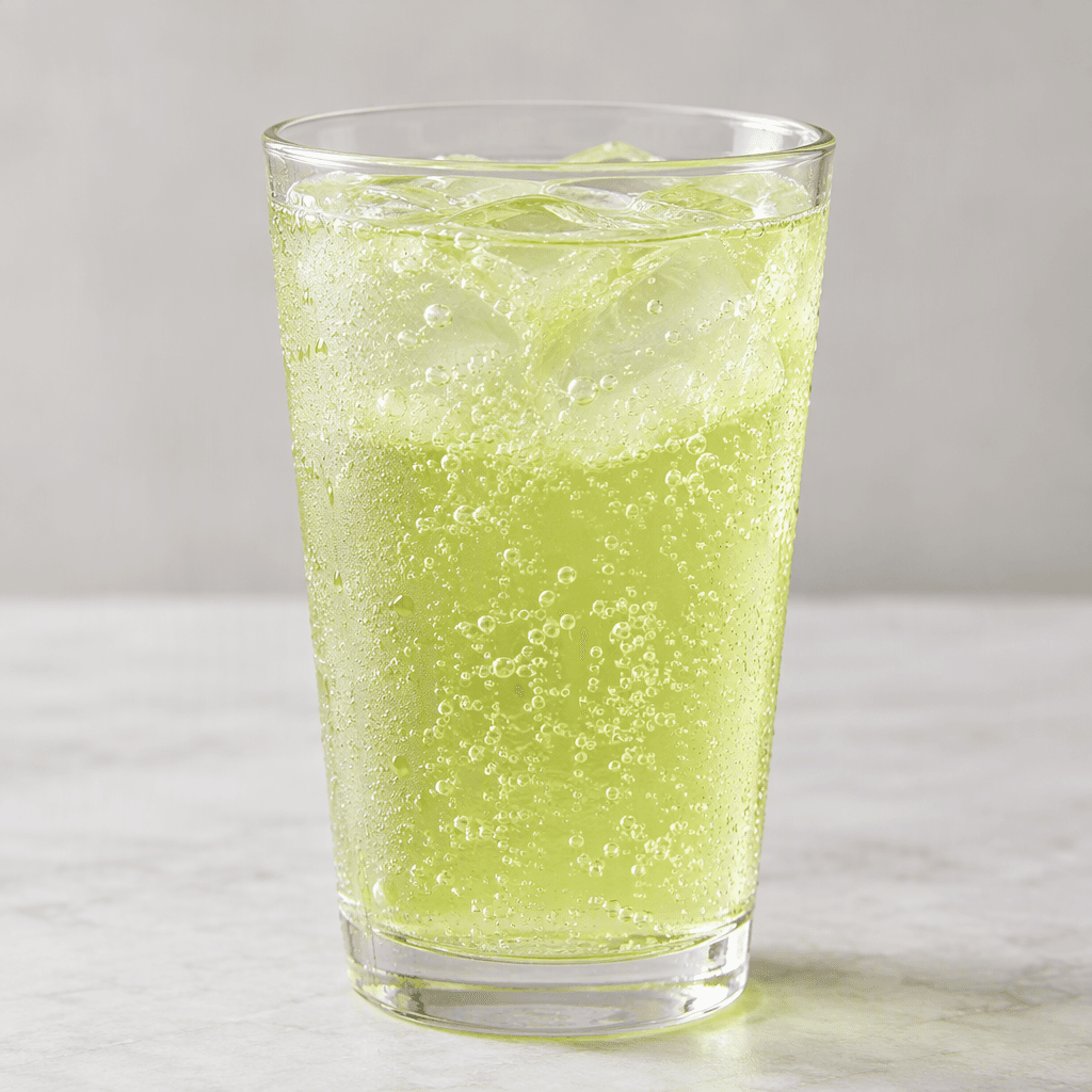 A clear glass filled with pale yellow-green melon soda, with fine bubbles rising through the translucent liquid and light condensation on the glass.