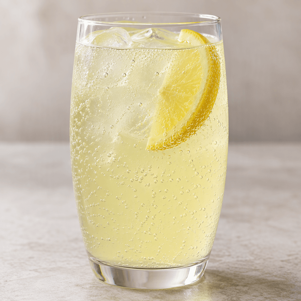 A pale yellow, slightly cloudy sparkling drink in a clear glass, with fine bubbles rising through it.