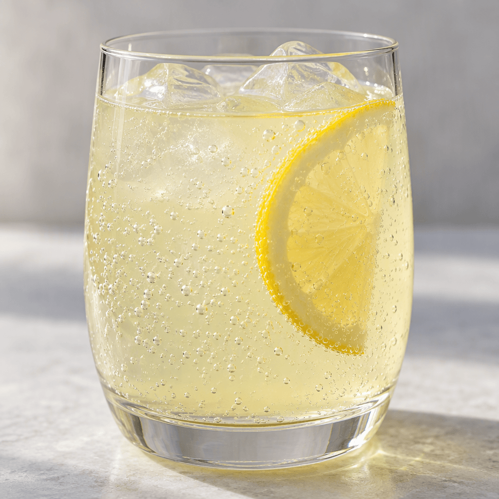 A clear glass filled with pale yellow lemon soda, with fine bubbles rising through the transparent drink.