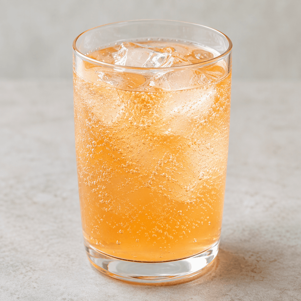 A clear, pale orange, carbonated drink with fine bubbles, served in a transparent glass.