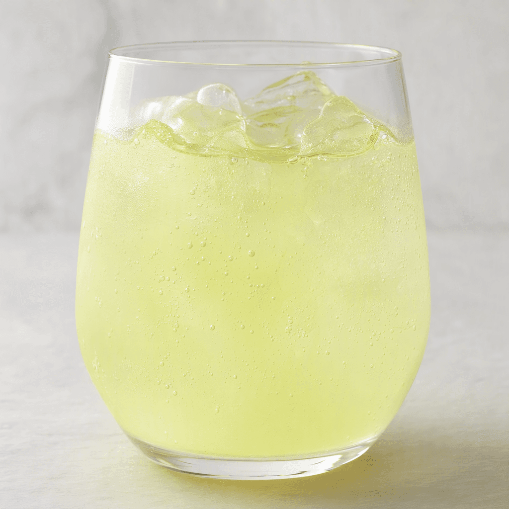 A pale yellow-green, translucent carbonated drink with fine bubbles, served in a clear glass.