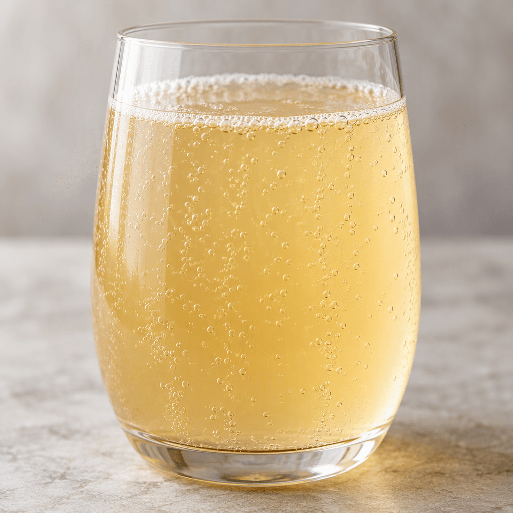 A clear glass holds a pale golden, slightly cloudy pear drink with fine bubbles rising through it.