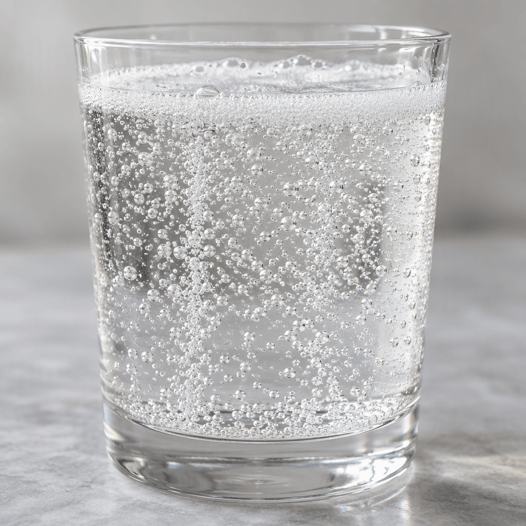 A clear, colorless fizzy drink sits in a glass, with fine bubbles rising through it and a thin layer of foam at the surface.