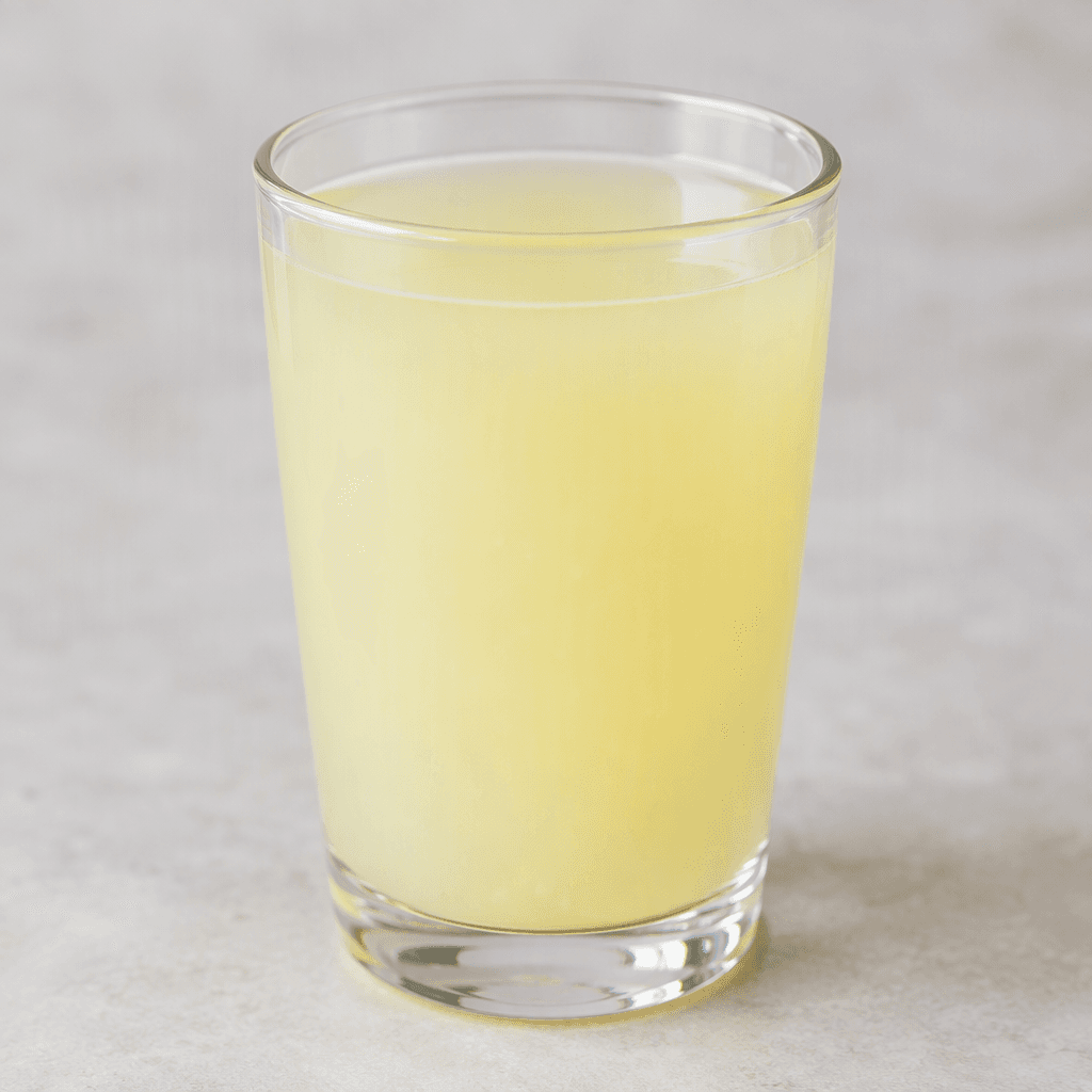 A pale yellow, slightly cloudy lemon drink fills a clear glass, with a smooth surface and no visible garnish.