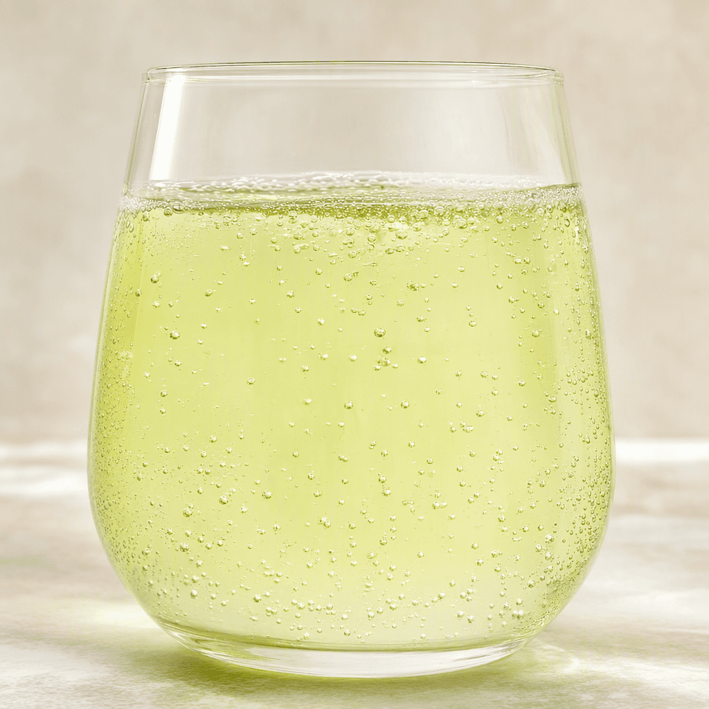 A clear, pale yellow-green carbonated drink in a glass, with fine bubbles rising through the liquid.