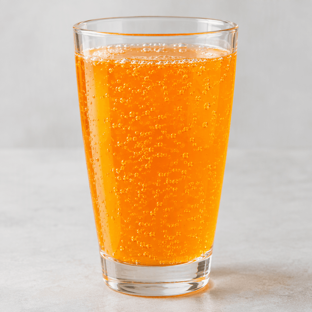 A clear, bright orange carbonated drink sits in a transparent glass, with tiny bubbles rising through the liquid.