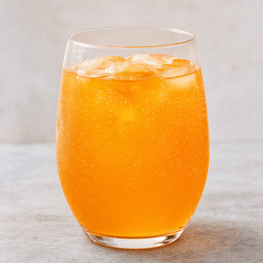 A clear glass filled with bright orange, translucent carbonated soda, with fine bubbles rising through the drink and a light sheen of condensation on the glass.