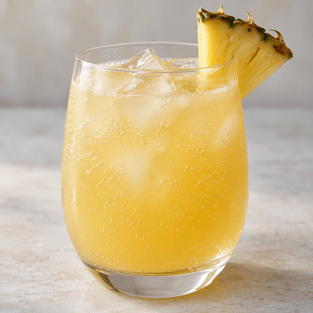 A pale golden-yellow, slightly cloudy pineapple drink sits in a clear glass, with tiny bubbles visible throughout.