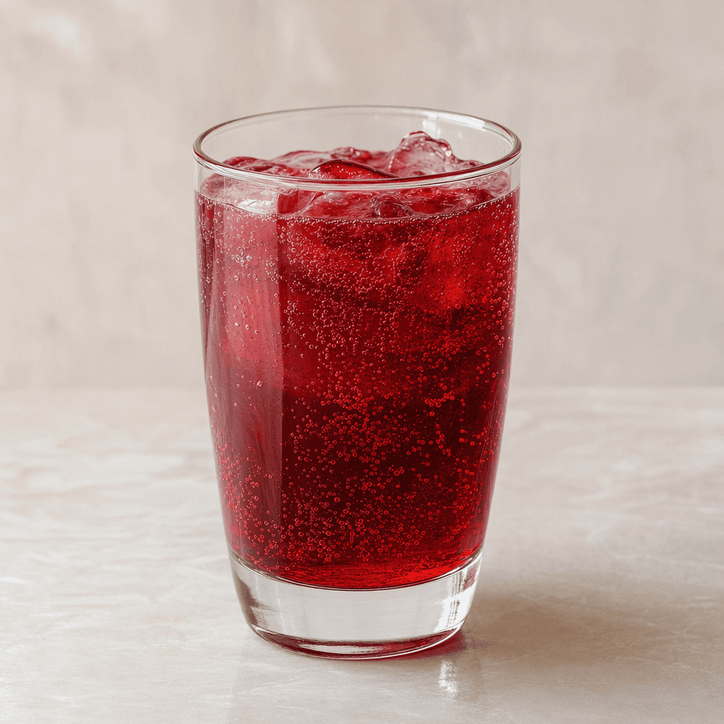 A translucent deep-red pomegranate drink, served in a clear glass.