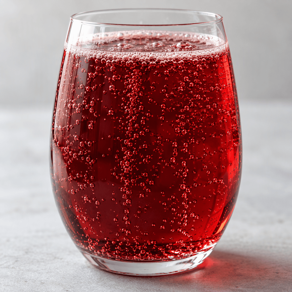 A deep ruby-red, clear carbonated drink in a glass, with fine bubbles rising through it and a light fizz at the surface.