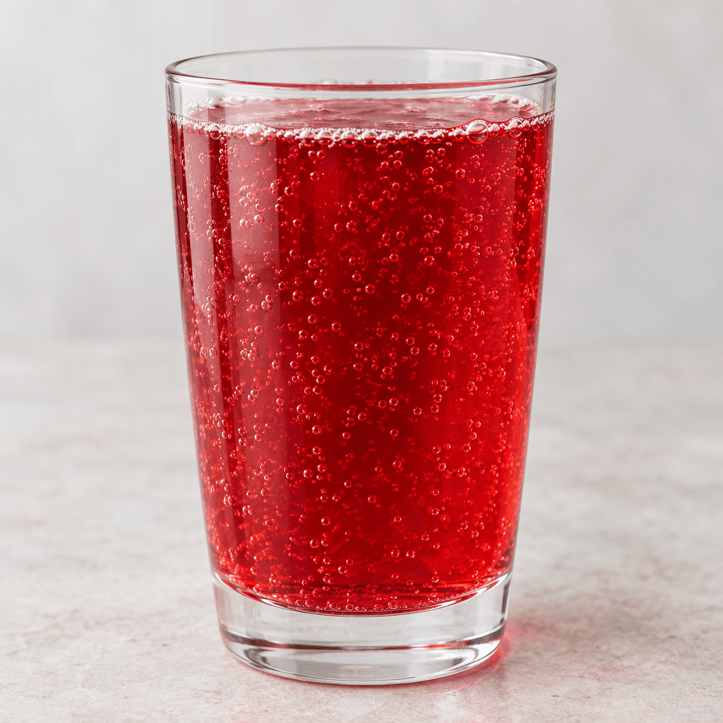 A clear glass filled with bright ruby-red, translucent fizzy pomegranate drink, with fine bubbles rising through the liquid.