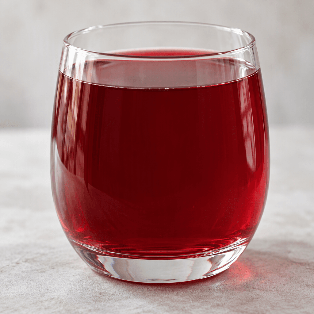 A deep ruby-red, slightly translucent fruit drink sits in a clear glass, with a smooth surface and no visible pieces of fruit.