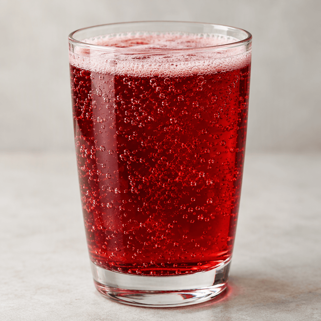 A clear, sparkling deep ruby-red soda sits in a glass, with fine bubbles rising through the liquid and a light foamy fizz at the surface.