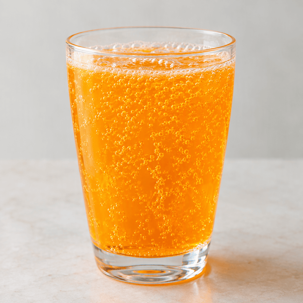 A clear glass filled with vivid orange, translucent soda, with fine bubbles rising through the drink and a light fizz at the surface.