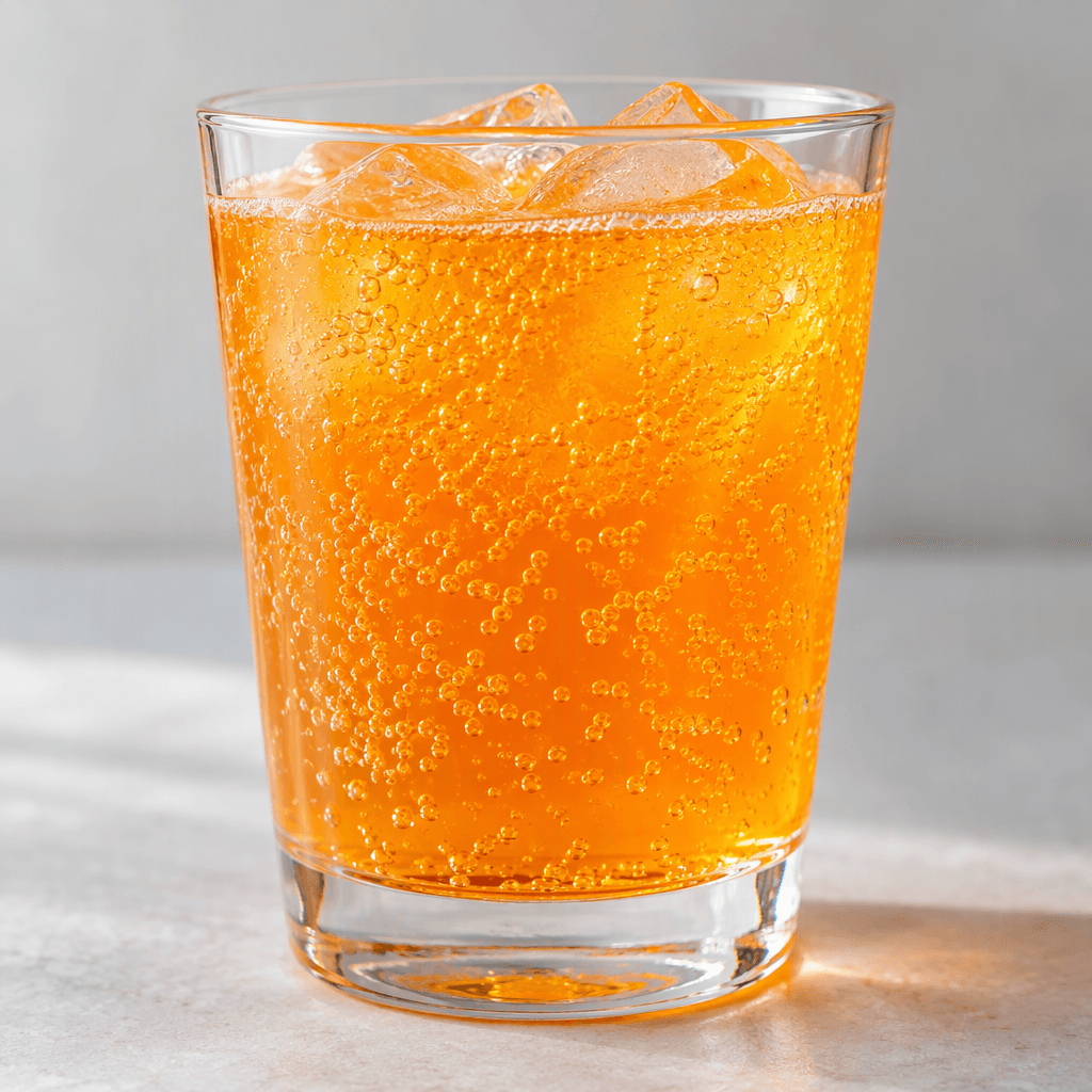 A clear glass filled with bright orange, translucent fizzy drink, with fine bubbles rising through the liquid.