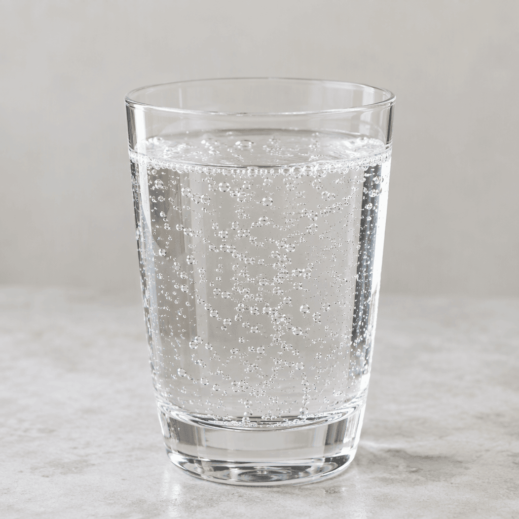 A clear, colorless fizzy drink with fine bubbles rising through the liquid, served in a transparent glass.