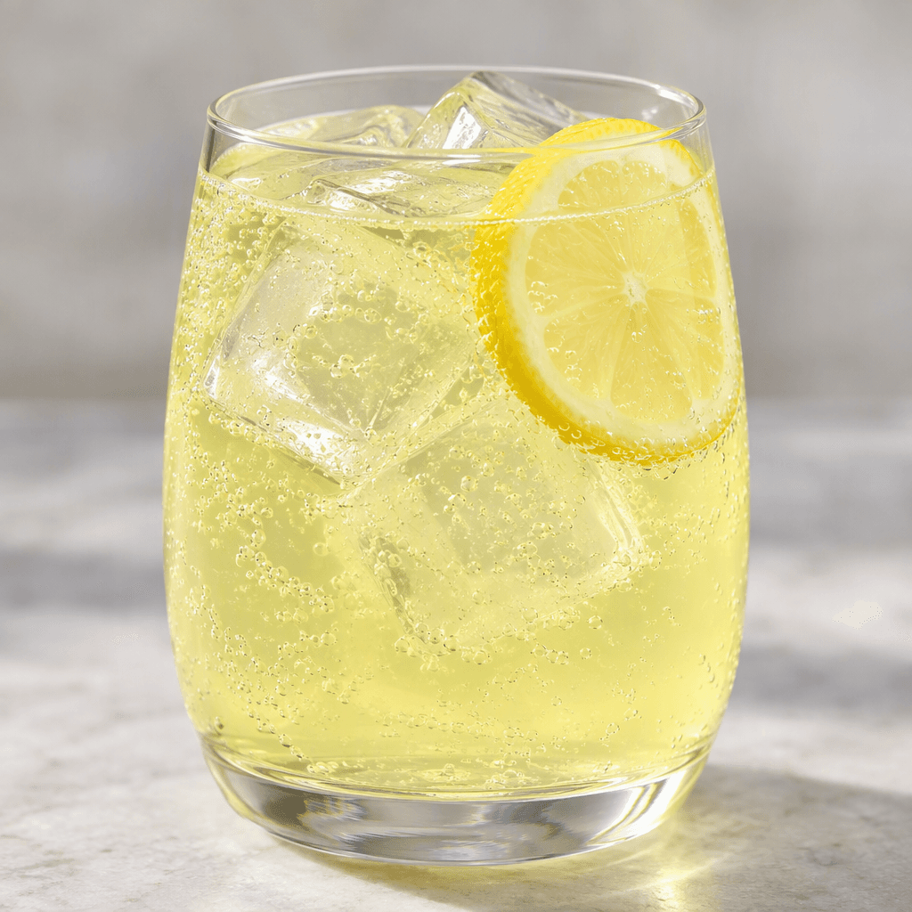 A clear, pale lemon-yellow fizzy drink with fine bubbles, served in a transparent glass over ice, with a thin lemon slice at the rim.