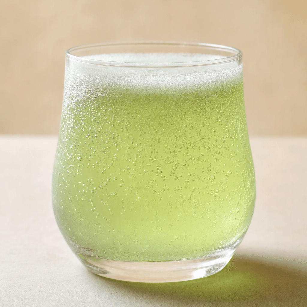 A clear, pale green fizzy drink sits in a transparent glass, with fine bubbles rising through it and a thin layer of foam at the surface.