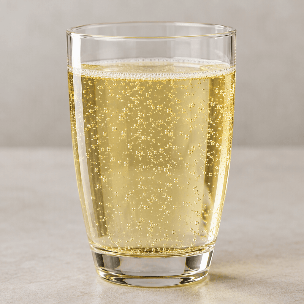 A clear, pale straw-yellow carbonated drink with fine bubbles rising through the liquid, shown in a transparent glass.
