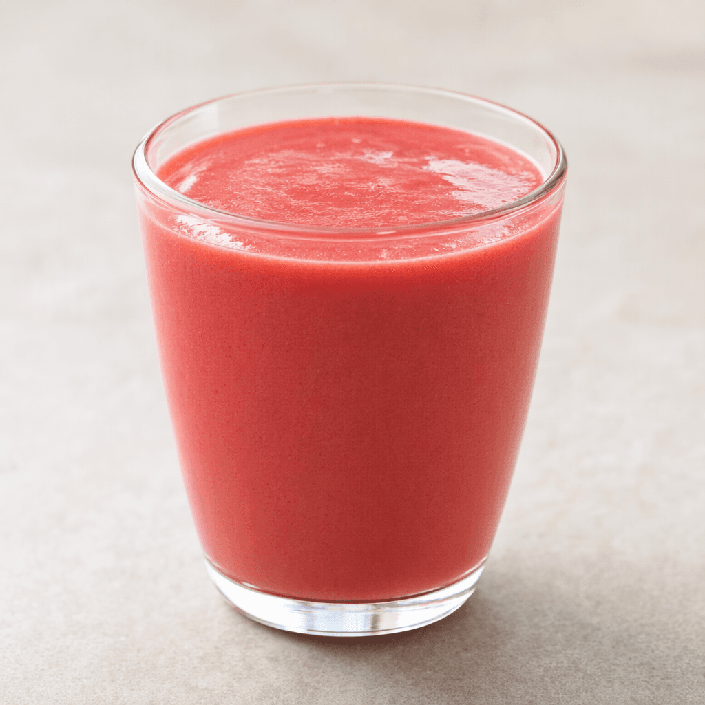 A smooth, fruit-coloured liquid sits in a clear glass, with an even surface and no visible pieces of fruit.