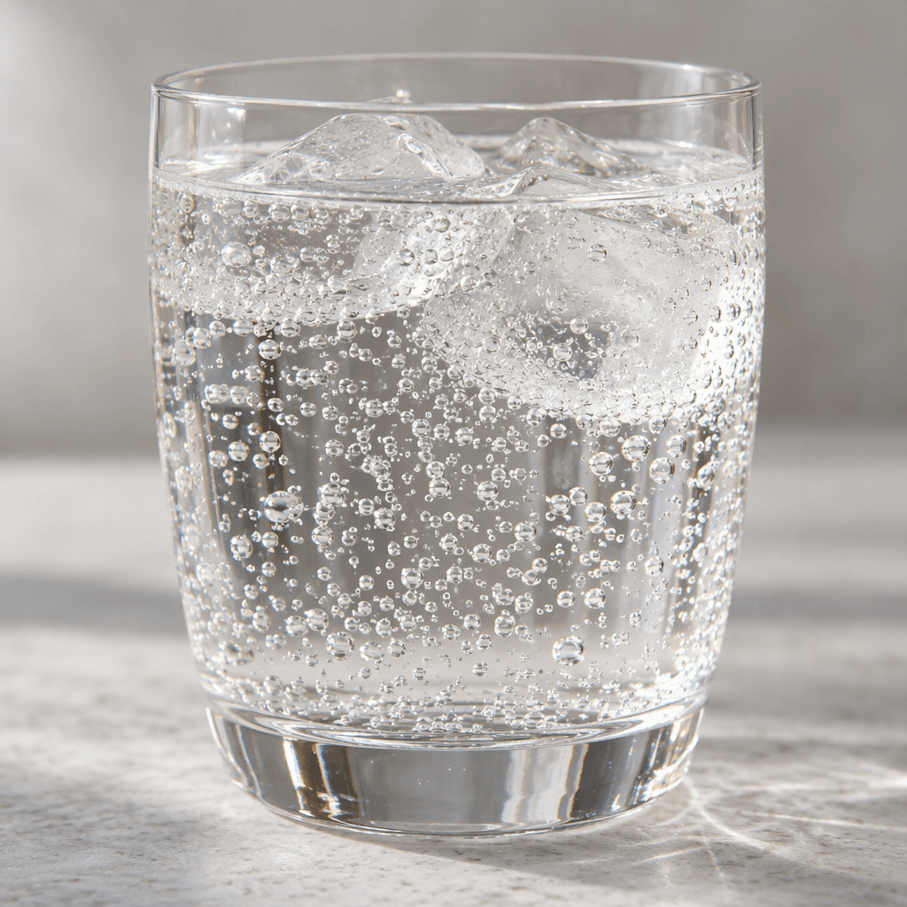 A clear, colourless carbonated drink served in a glass, with fine bubbles rising through it.