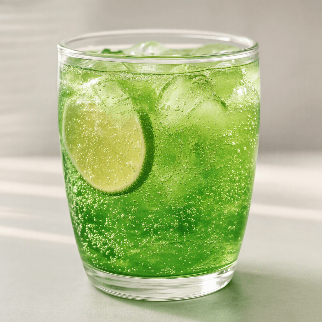 A translucent, vivid green carbonated lemonade fills a clear glass, with tiny bubbles rising through the liquid.